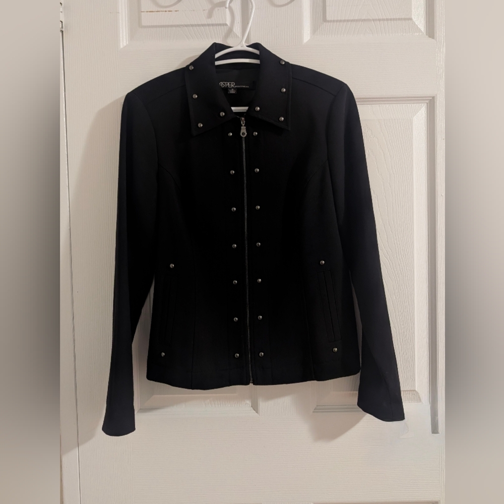 Kasper Sportswear Black Studded Zip Front Blazer Jacket Professional Career S